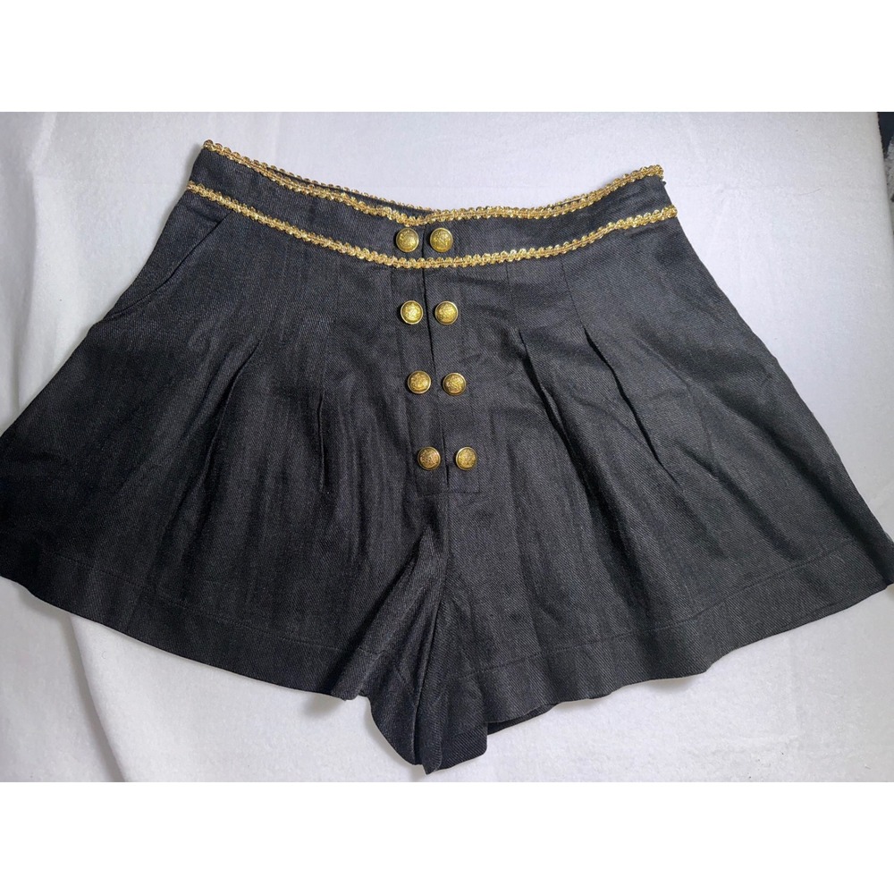 Double Zero Nautical High Waist Pleated Shorts Black Gold Crest Button Large